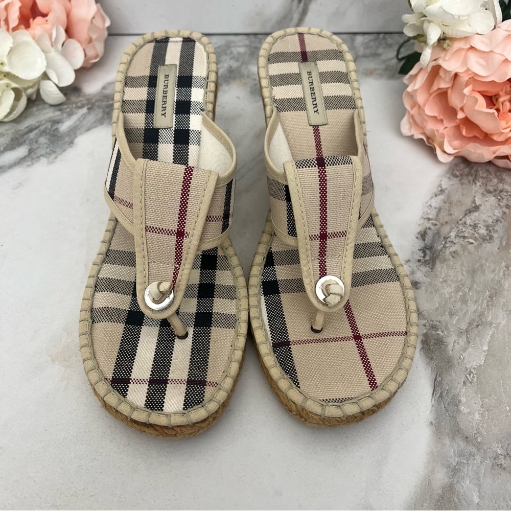 Burberry Beige Plaid Espadrille Wedge Sandals - Picture 6 of 14